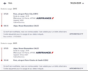 Prix billet Paris Alger Air Algérie